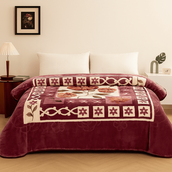 DBOZE 8LB Queen Size Reversible Silky Plush Blanket, 80"x90", Soft Warm Heavyweight 1-Ply Korean-Style Mink Blanket, Tulip Floral Pattern