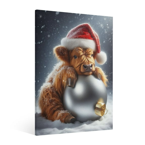 Vintage Christmas Highland cow Wall Art Paint Framed - Retro Xmas Festive Winter Holiday Christmas Wall Decor Canvas Print for Living Room Kitchen Bathroom Home Bedroom Decor