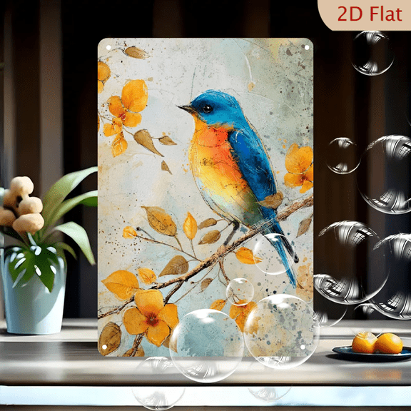 2D flat 1pc,blue happy bird retro metal_ Iron Home&Seasonal Decoration, for Home, Office, Bathroom, Bedroom, Farm, Garden Best Gift, for a Friend room decor halloween 8*12inch