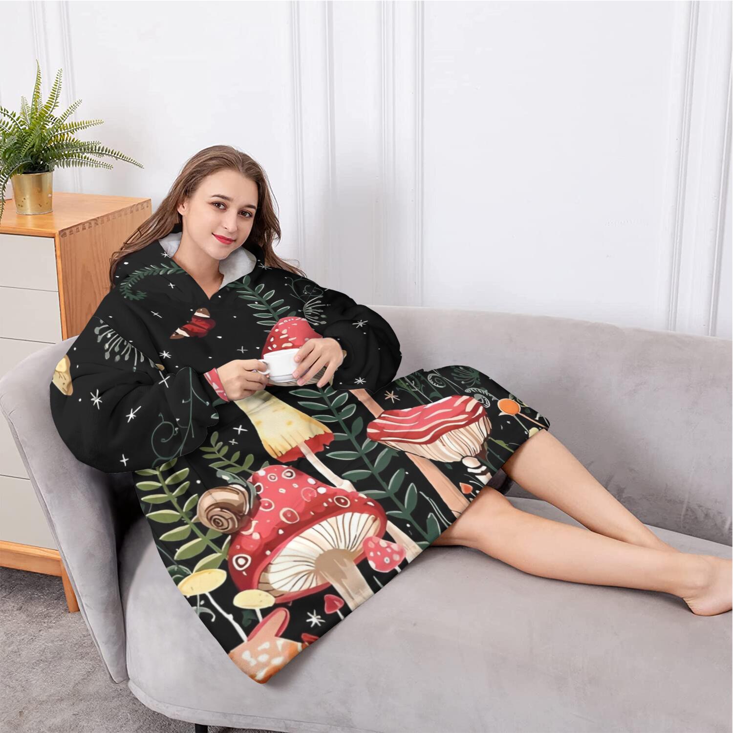 Oversized Wearable Blanket Hoodie,Red Mushroom Butterfly Black Pattern Sherpa Blanket Hoodie with Super Pockets,Super Warm Fuzzy Pullover for Women & Men