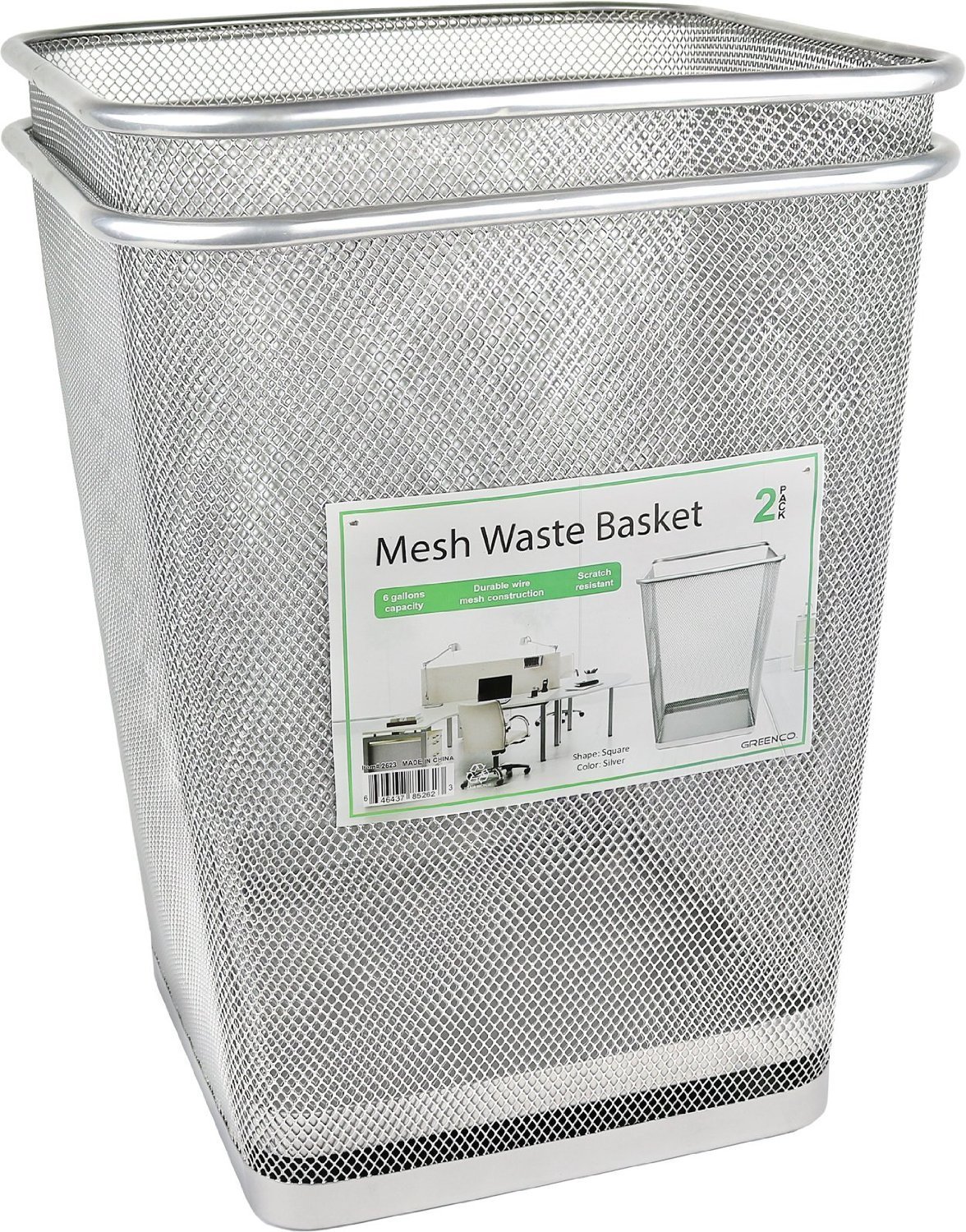 Silver, Square 6 Gallon Greenco Mesh Wastebasket Trash Can 2 Pack