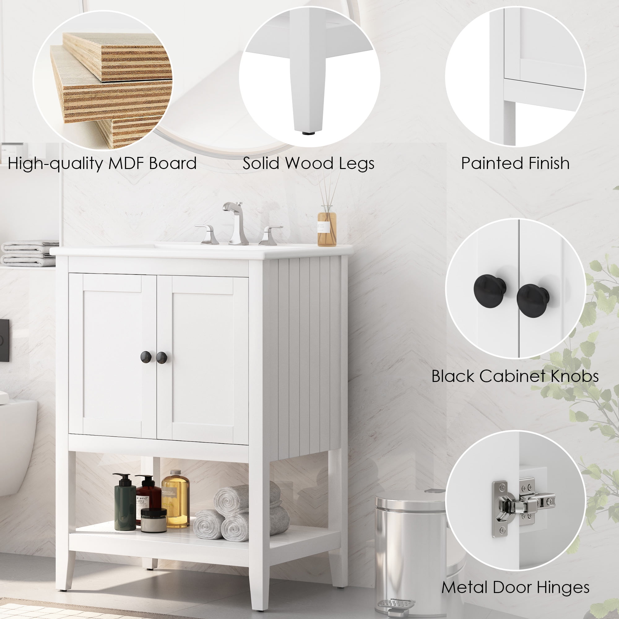 Euroco 24" White Modern Sleek Bathroom Vanity Elegant Ceramic Sink with Solid Wood Frame Open Style Shelf