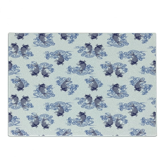 Japanese Cutting Board, Underwater Creature as Love Couples on Waves Japanese Unique Repeated Print, Decorative Tempered Glass Cutting and Serving Board, Small Size, Dark Blue, by Ambesonne