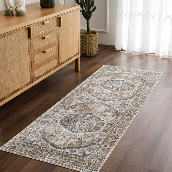 Hauteloom Hiti Hallway, Kitchen Washable Runner Rug - Traditional Oriental Medallion Carpet - Brown, Black, Cream, Gray - 2'7" x 7'3"