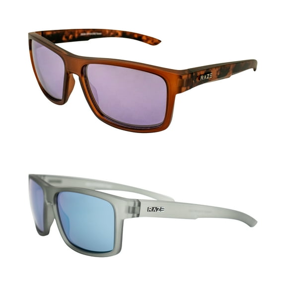 Raze Eyewear Offshore Sports & Boating Polarized Sunglasses for Women or Men Rootbeer Frame w/ Smoke Lenses and Gray Frame w/ Blue Mirrored Lenses 2 Pack