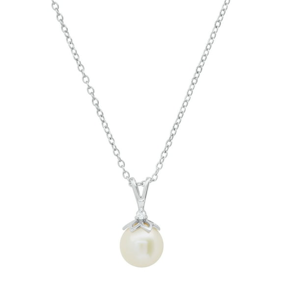 Dazzlingrock Collection Round 8mm Cultured Freshwater Pearl & White Diamond Solitaire Pendant with 18 inch Gold Chain for Women in 14K White Gold (White Diamond 0.03 ctw, Color I-J, Clarity I1-I2)