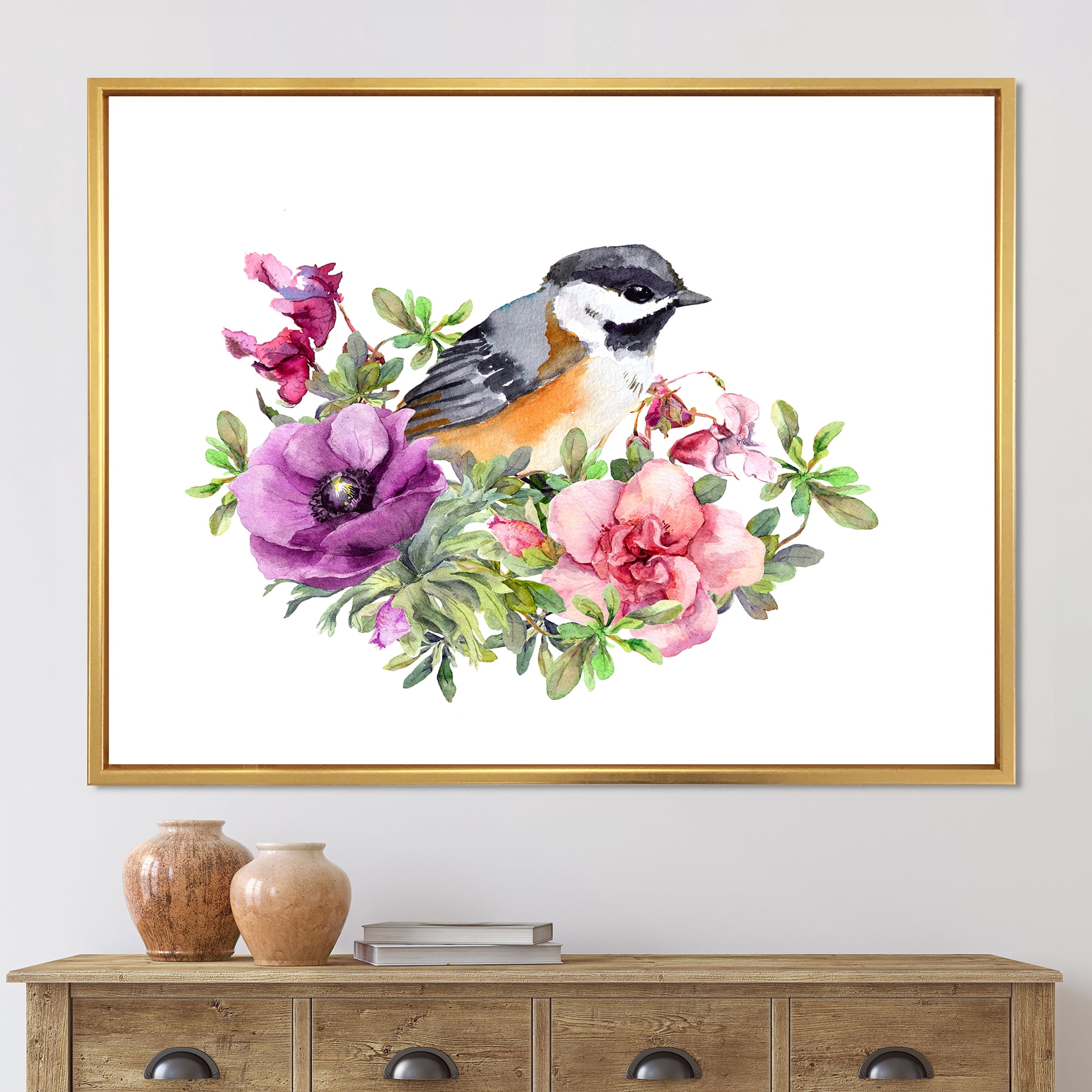 Designart 'Cute Bird In Purple and Pink Flowers' Traditional Framed Canvas Wall Art Print