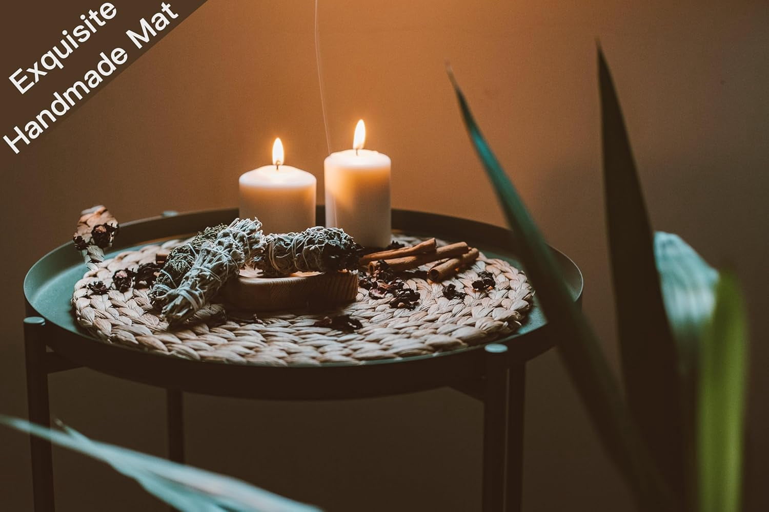 Woven Seagrass Placemats Set of 6, 12" Boho Round Woven Natural Placemats, Wicker & Rattan, Braided Plate Chargers, with Wooden Brush & 6 Napkin Rings (Natural Water Hyacinth)