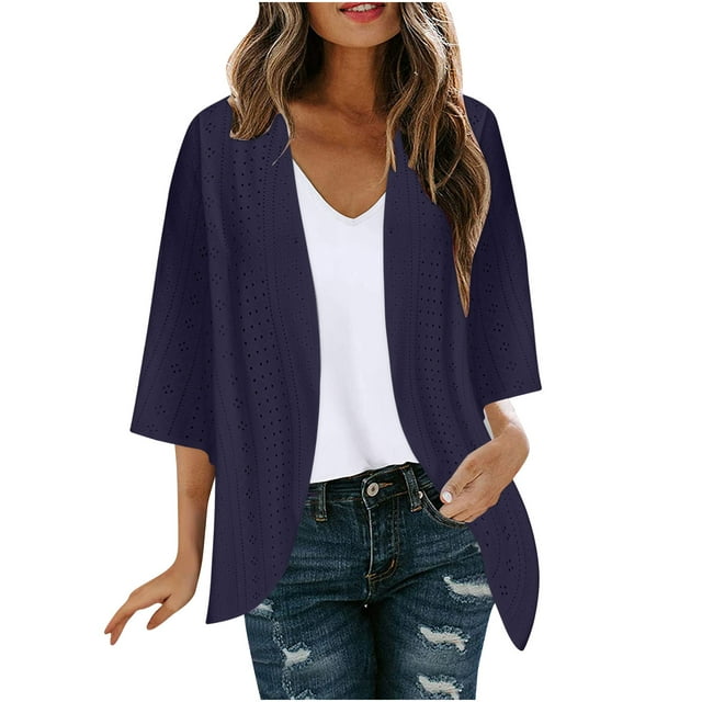 Timegard 3/4 Sleeve Cardigan for Women Eyelet Front Open Comfort Solid Color Fall Casual Loose Jackets