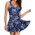 thumbnail image 3 of One Piece Swimsuits for Women Modest Tummy Control Swimdress Vintage Bathing Suits Skirt Swimwear Blue Tropical Leaves L, 3 of 5