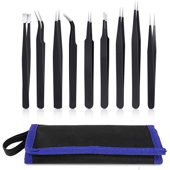 9PCS Precision Tweezers Set, Upgraded Anti-Static Stainless Steel of Tweezers, for Electronics, Soldering, Laboratory Work, Jewelry-Making, Model, Craft