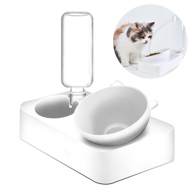 Bol pour Animaux 15° Ajustable en Forme de Chat Bol d'Alimentation pour Chat avec Bouteille d'Eau