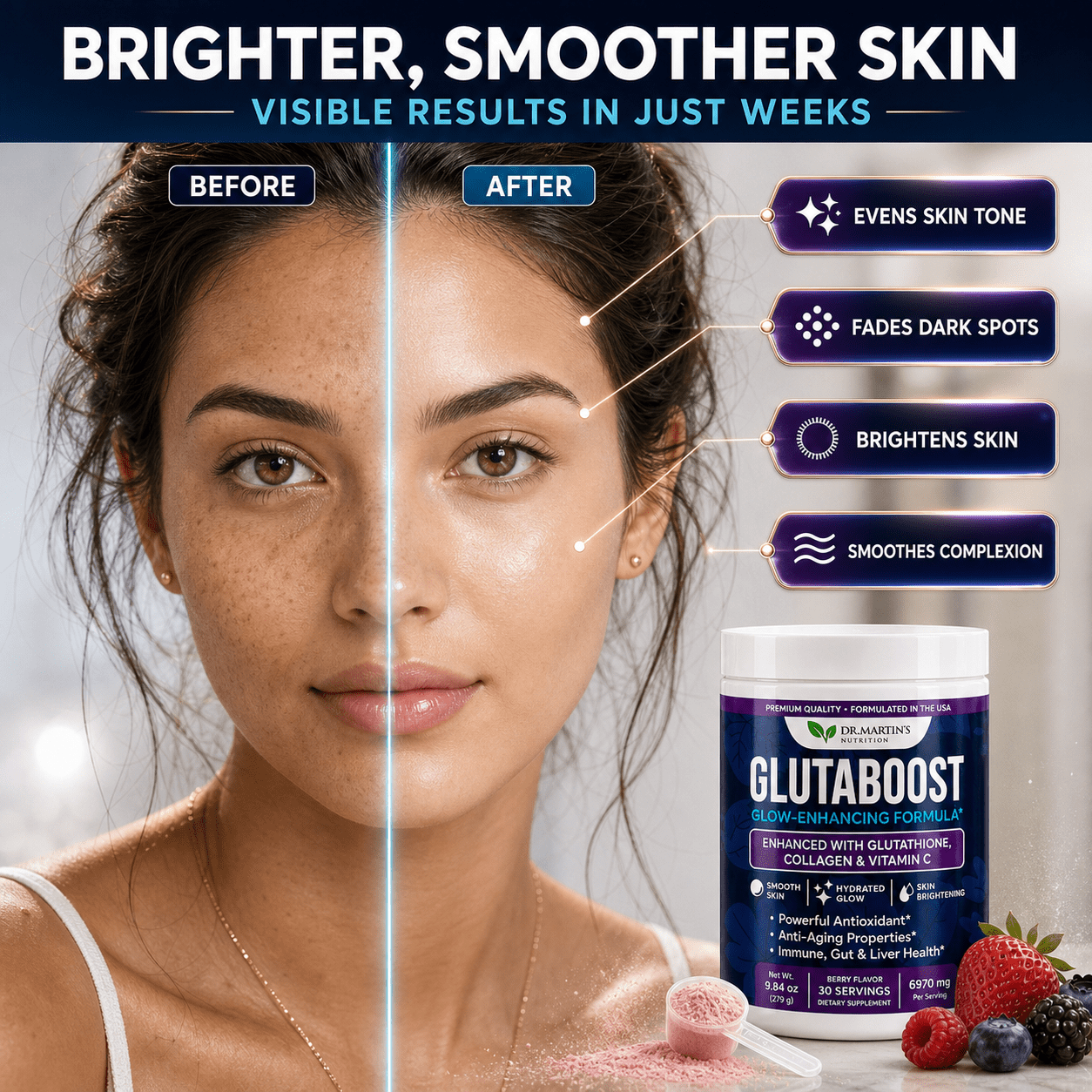 6970mg Glutathione Powder Enhanced with Collagen & Vitamin C | Supports Overall Wellness | Berry Flavor