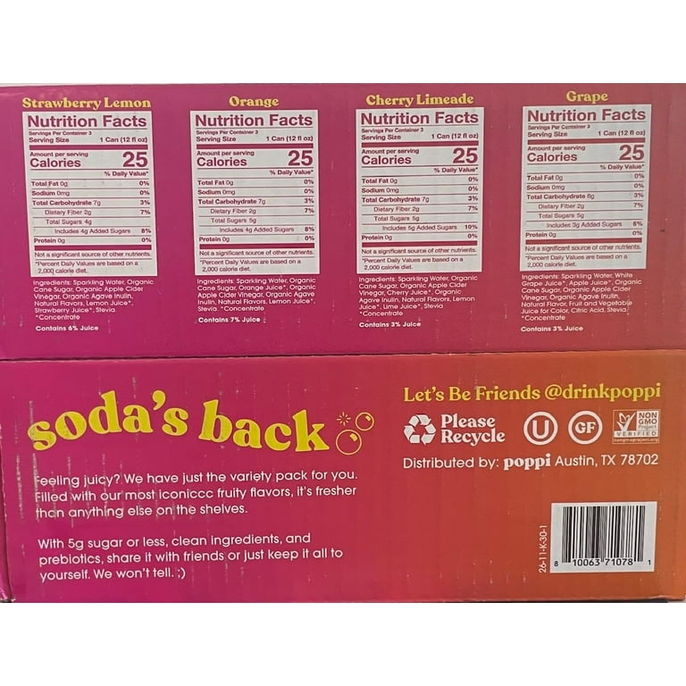 Poppi Prebiotic Soda Variety Pack (Strawberry Lemon, Orange, Cherry Limeade, Grape) 12 Count