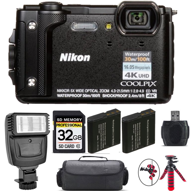 Nikon COOLPIX W300 Camera (Black) + Extra Battery + Flash - 32GB 