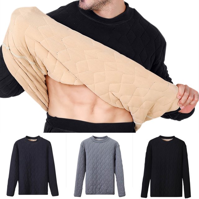 Lovzfmll Men's Thermal Top with Solid Color Round Neck, Long Sleeve with Heart Pattern and Cotton Padding for Comfortable Base Layer