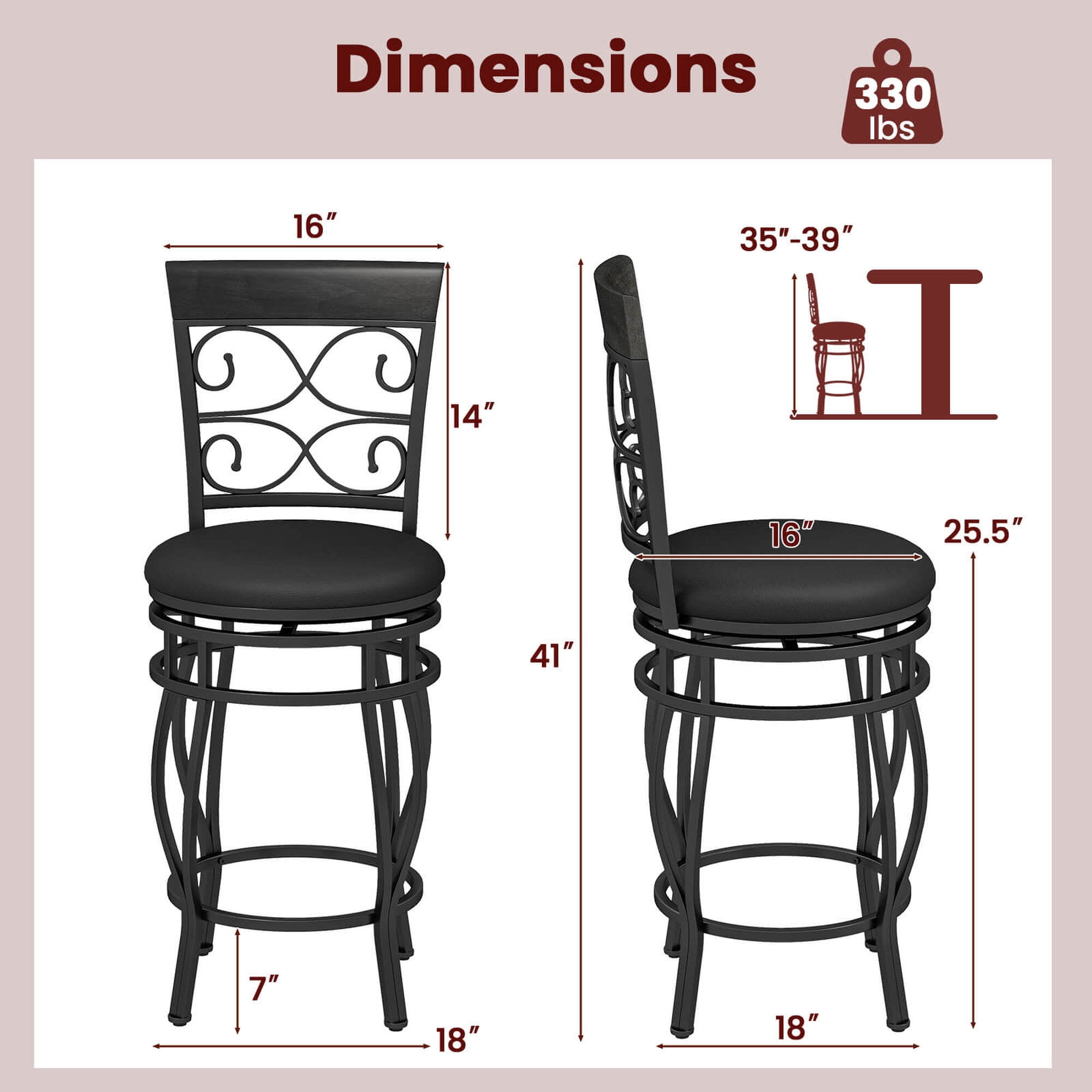 Costway Set of 2 Vintage Swivel Bar Stools 26" Bistro Upholstered Dining Chairs Black