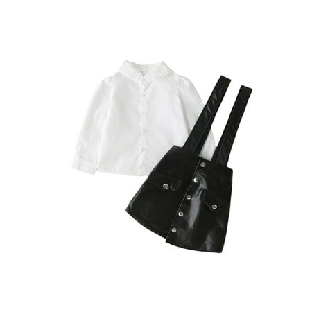 

Bagilaanoe 2pcs Toddler Baby Girls PU Skirt Set Long Sleeve White Shirt Suspender Dress 1T 2T 3T 4T 5T 6T Outfits