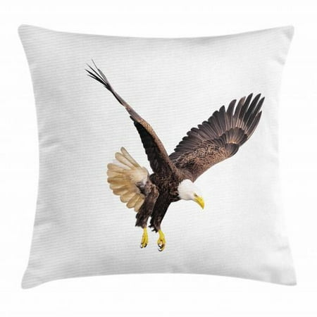 Eagle Throw Pillow Cushion Cover, Image of a Hunter Flying Looking for Prey Predator Scenes from Nature, Decorative Square Accent Pillow Case, 18 X 18 Inches, Cream Dark Brown Yellow, by