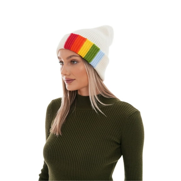 Wear Sierra Women’s Rainbow Beanie Pompom, Soft Knit Winter Hat, Cream, One Size