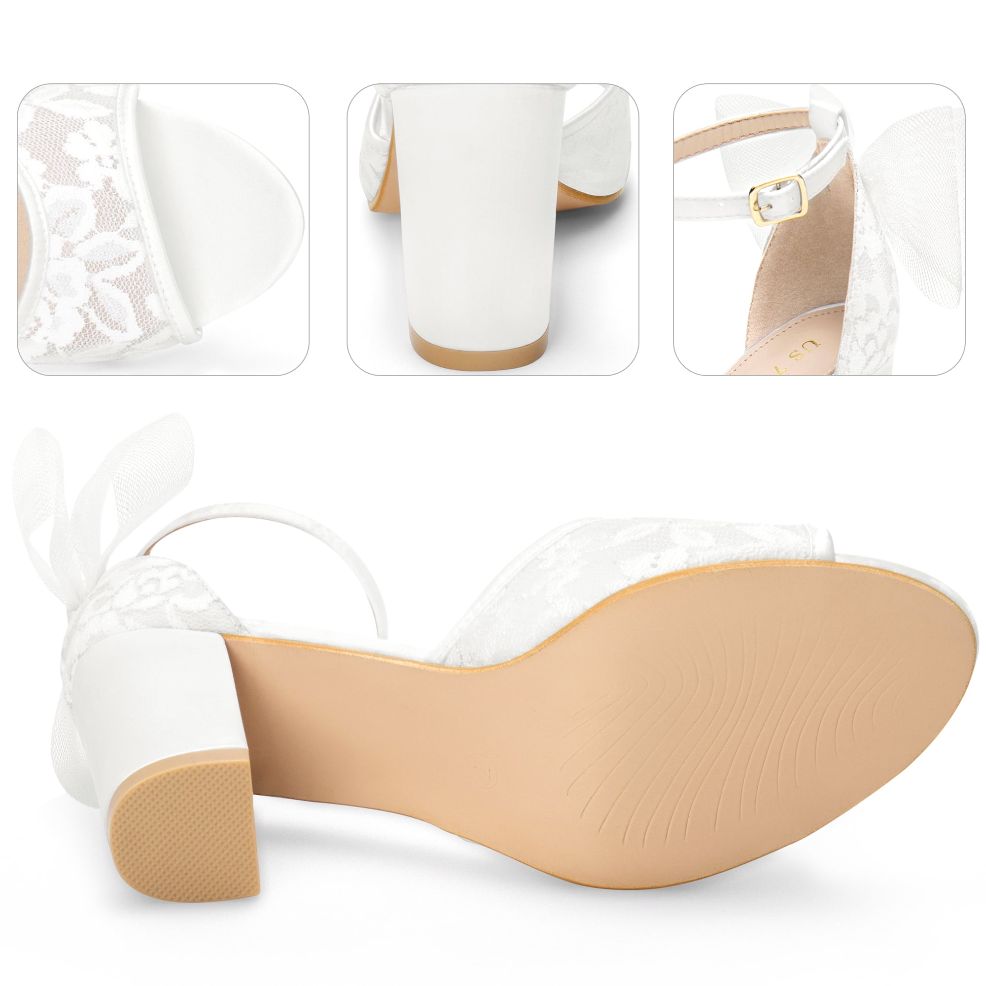 DARING DIVA Lace Open Toe Bow Ankle Strap Block Heel Sandals for Women White 8.5