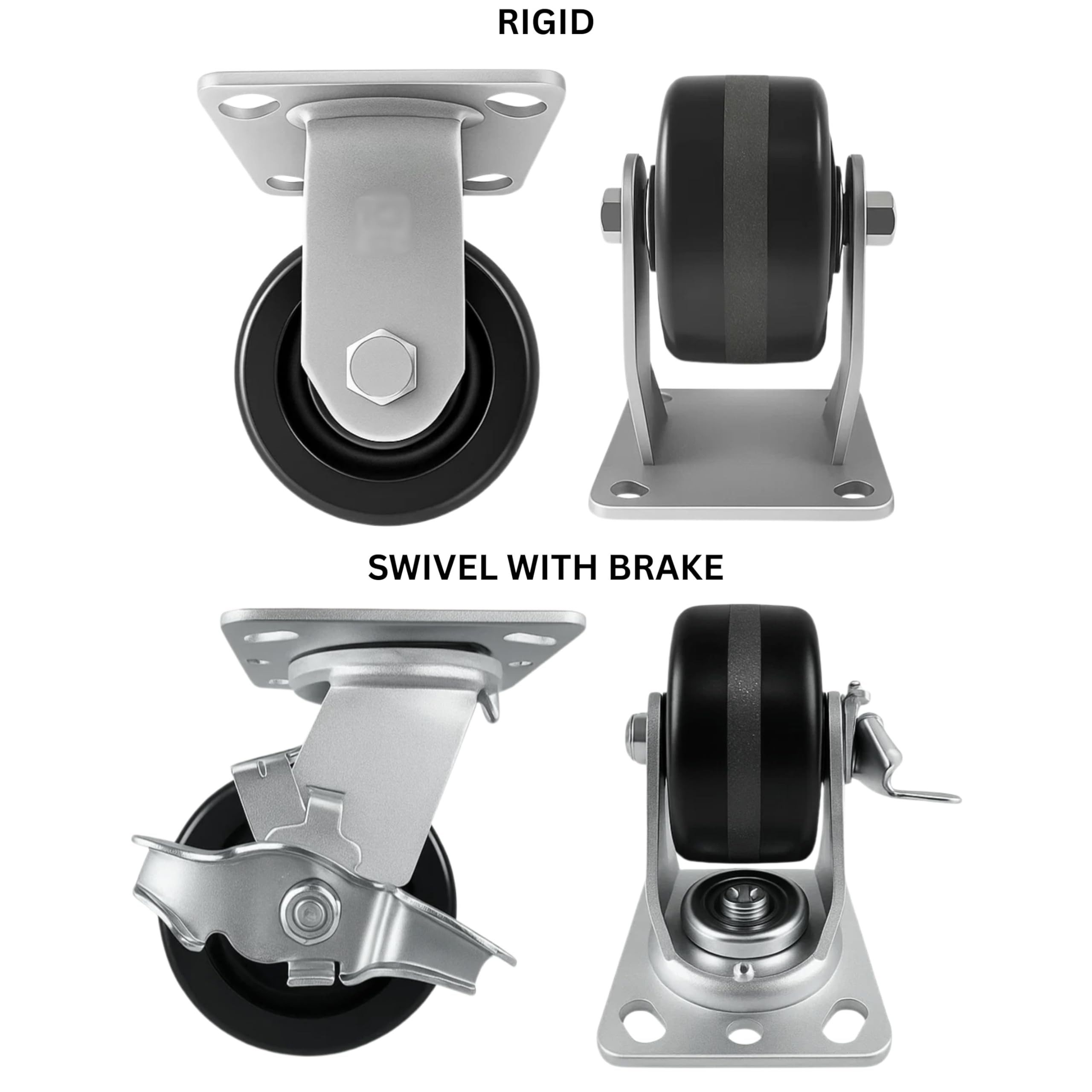 4 Heavy Duty Caster Set 4" Phenolic Wheels - 2 Rigid + 2 Swivel with Brake