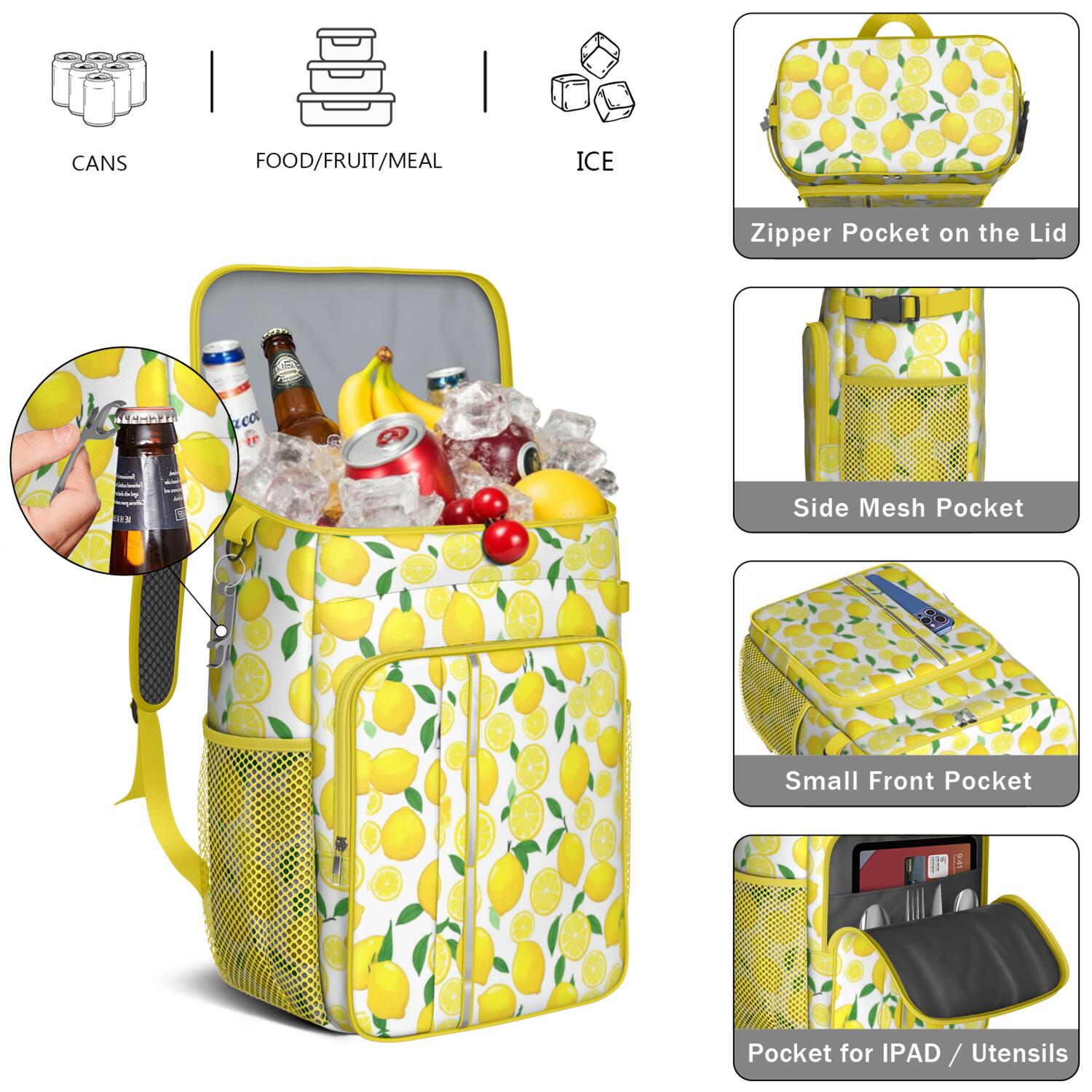 Travel Cooler Bag - Lemon Camping Beer Cooler Backpack with Bottle Opener- Waterproof Insulated Picnic Backpacks - Cooler Bag for Beach