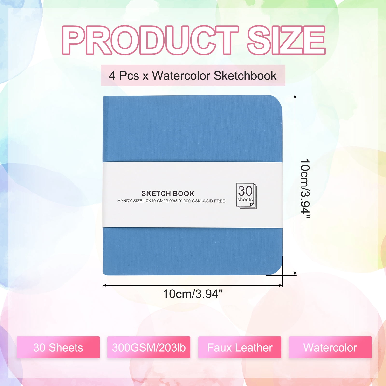 Uxcell 4x4" Watercolor Paper Sketchbook, 4Pcs 30 Sheet 300GSM/203lb Acid Free Watercolor Journal Hardcover Artists Paper Pads for Painting, Blue