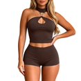 thumbnail image 3 of Arlun Women's 2 Piece Outfits Sleeveless Cut out Halter Top Bodycon Mini Shorts Set Y2k Solid Color Stretchy Slim Fitted Summer Matching Sets or Night out Club Party Wear Coffee M, 3 of 5