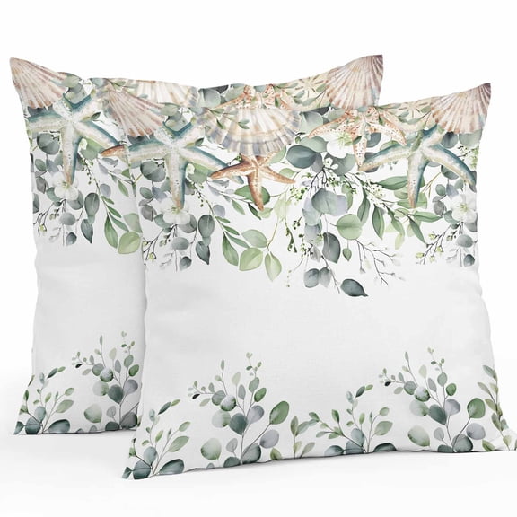 Waterproof Throw Pillow Covers Set of 2, 16x16 Inch Sage Green Coastal Decorative Pillowcases Outdoor Pillow Slip Cushion Covers Set for Couch Tent Spring Eucalyptus Leaves