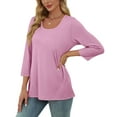 thumbnail image 6 of ShomPort Shirts for Women Comfy Collarless 3/4 Sleeve Solid Color Scoop Neck Tops Vintage Office Wear Tee Shirts, 6 of 8
