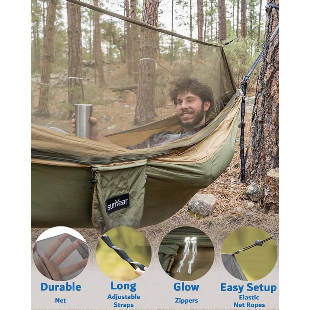 Sunyear Hammock Camping with Net/Netting 16+1 Loops Each, 20Ft Total 2 Tree Straps Portable Camping Hammock Double Tree Hammock Outdoor Indoor Backpacking Travel & Survival 