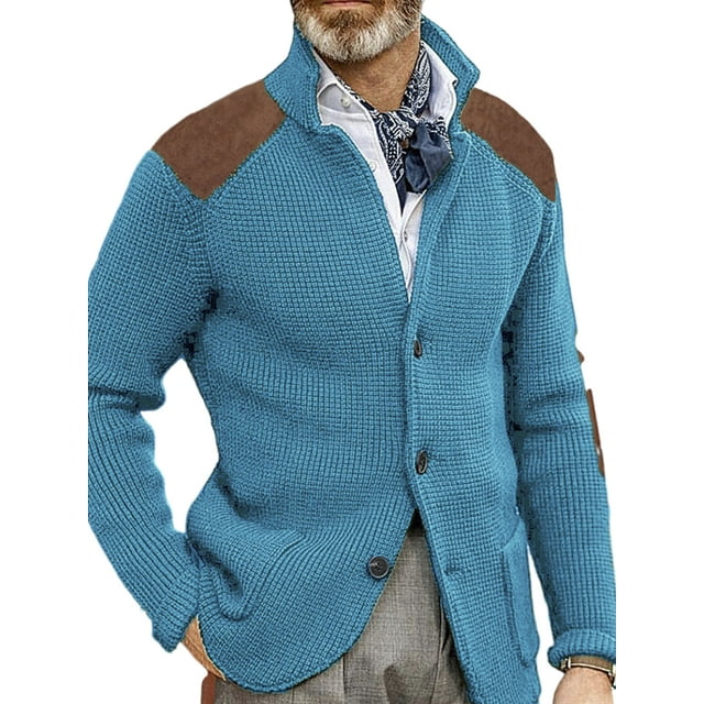 MAWCLOS Mens Cardigan Sweater Long Sleeve Jacket Button Down Coat Knitted Winter Warm Open Front Outwear Lake Blue M