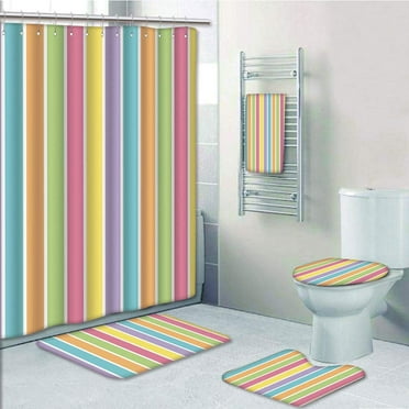 PRTAU Colorful Pastel Colored Striped Summer Funky Cheerful Rainbow Inspired Traditional 5 Piece Bathroom Set Shower Curtain Bath Towel Bath Rug Contour Mat and Toilet Lid Cover