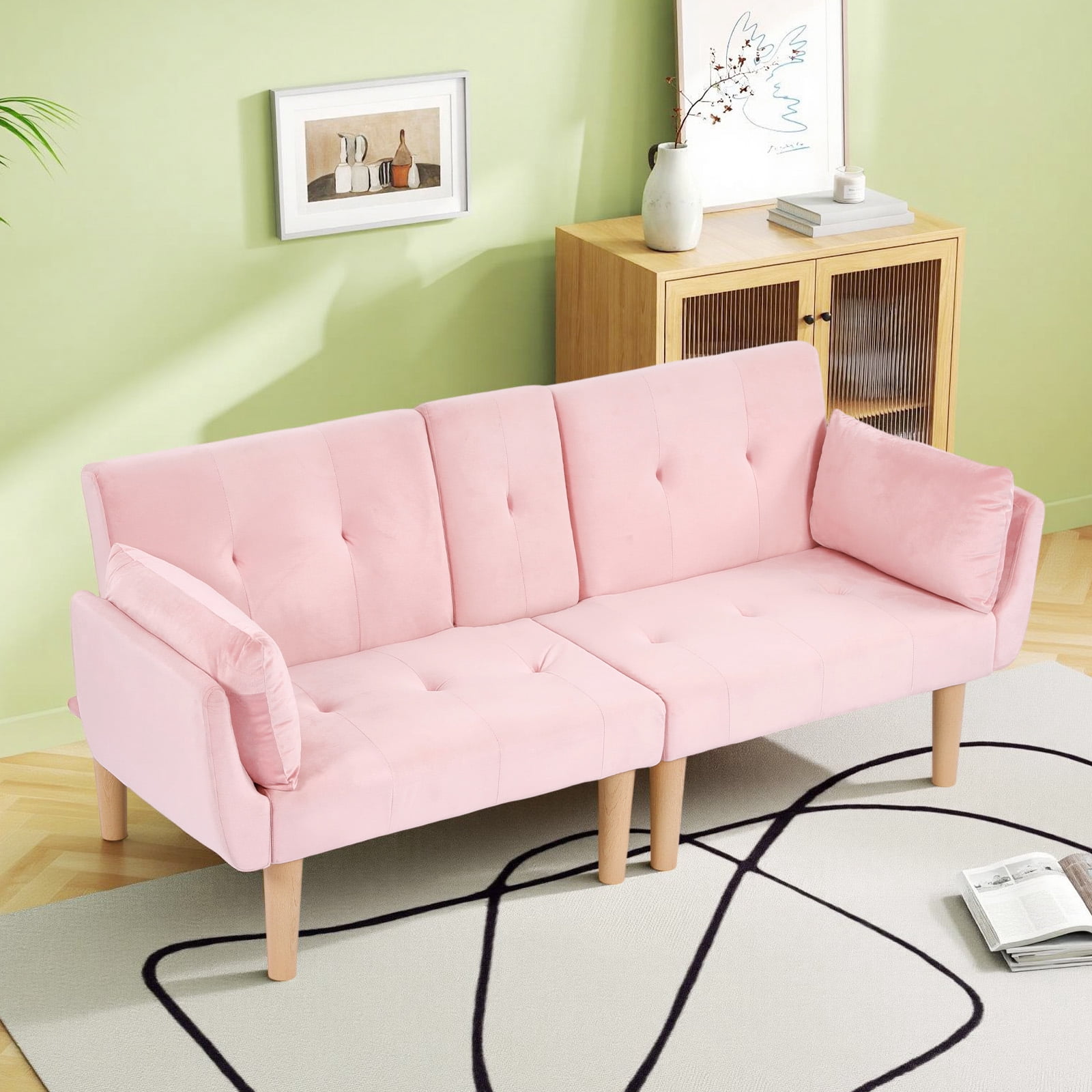 Leumius 72 Inch Futon Sofa Bed,Velvet Futon Couch with Adjustable Backrest and Cupholders,Suitable for Apartment,Living Room,Small Space,Pink
