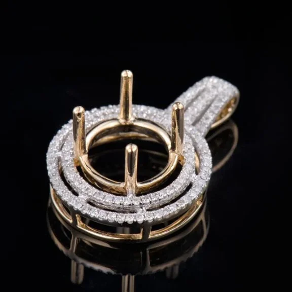 14K Yellow Gold Plated Custom Diamond Semi Mount Pendant Setting Round Cut 12mm