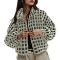 thumbnail image 2 of larppty Women’s Gingham Long Sleeve Cropped Sherpa Fleece Plaid Jacket Casual Chunky Teddy Fleece Outerwear with Pockets (Green, S), 2 of 5