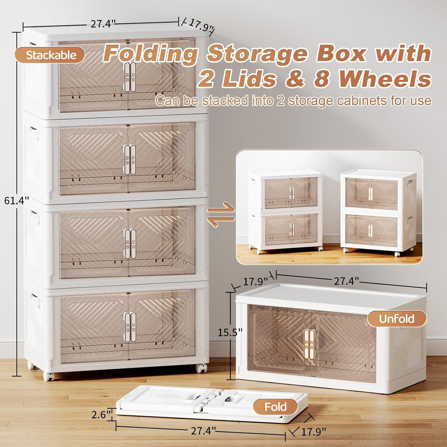 Storage Bins with Lid 4 Pack 120QT, Stackable Storage Containers with Wheels and Magnetic Doors, Plastic Clothes Closet Organizers and Storage Box for Home and Office
