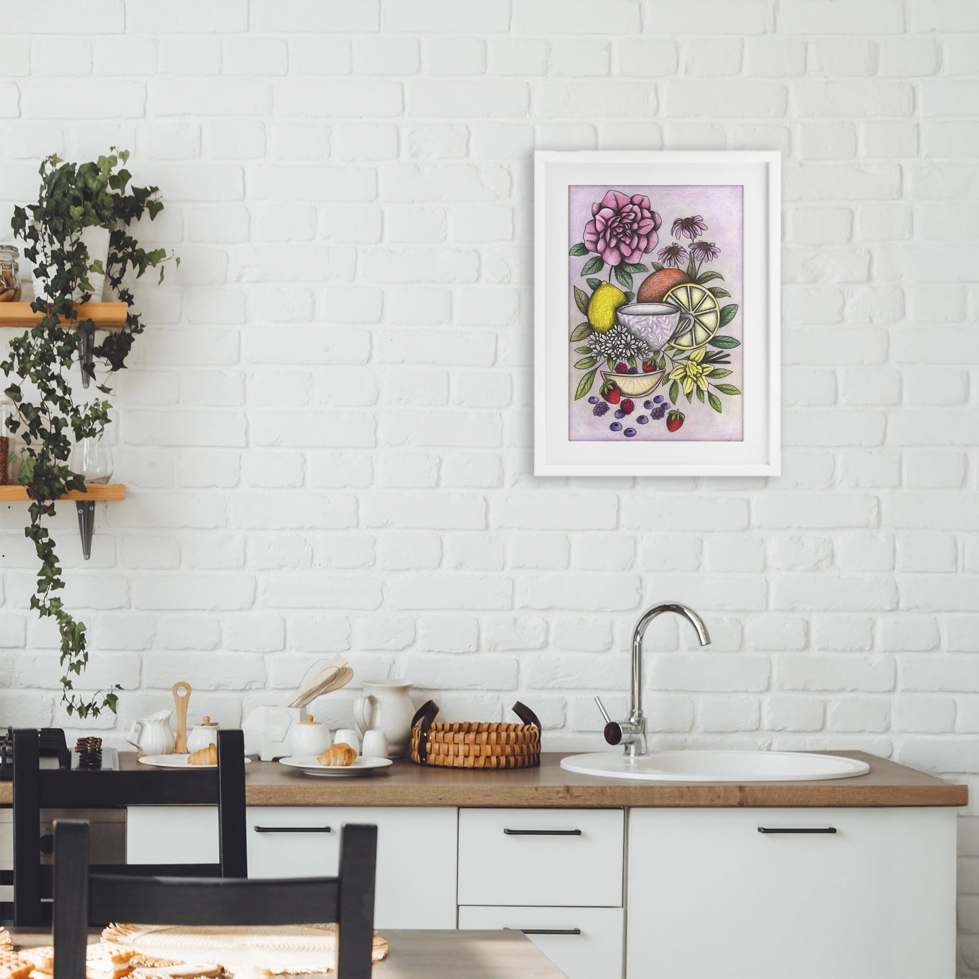 Rococo Tea with Fruits White Framed Print Under Glass, design by Cecilia Battaini