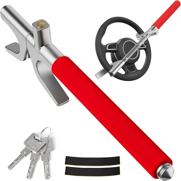 Steering Wheel Lock Adjustable Anti Theft Car Device Locks, Universal Volante Prevention Accessory, with 3 Keys and Escape Hammer for Truck SUV Van Security, Vehicle Immobilizer System