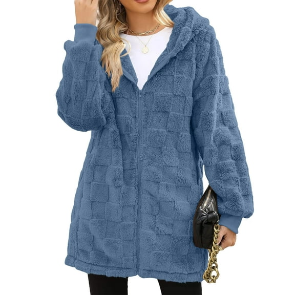 yuCgh Women's Warm Casual Fashion Thick Checkered Plush Mid-Length Hooded Cardigan Coat with Elegant Button and Zipper for Comfortable Style,Blue L