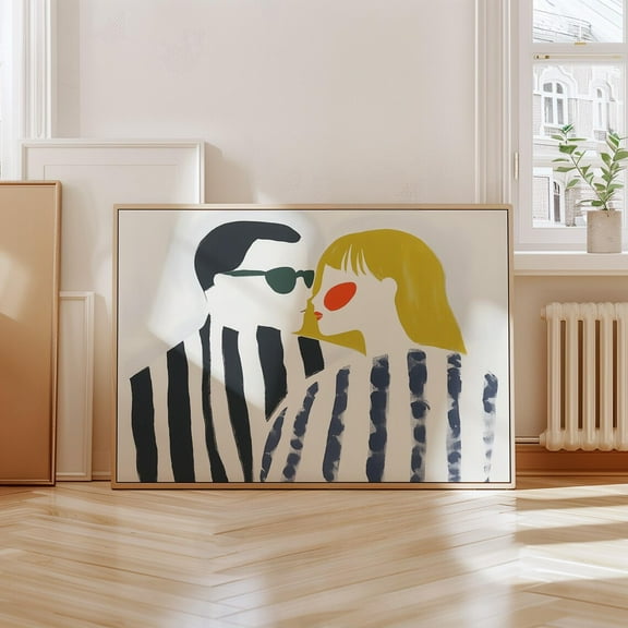 Abstract Couple Art Print, Modern Minimalist Design, Black And White Stripes With Bold Red And Yellow Accents, Romantic Wall Art, Modern Wall Decor, 8x12 UNFRAMED