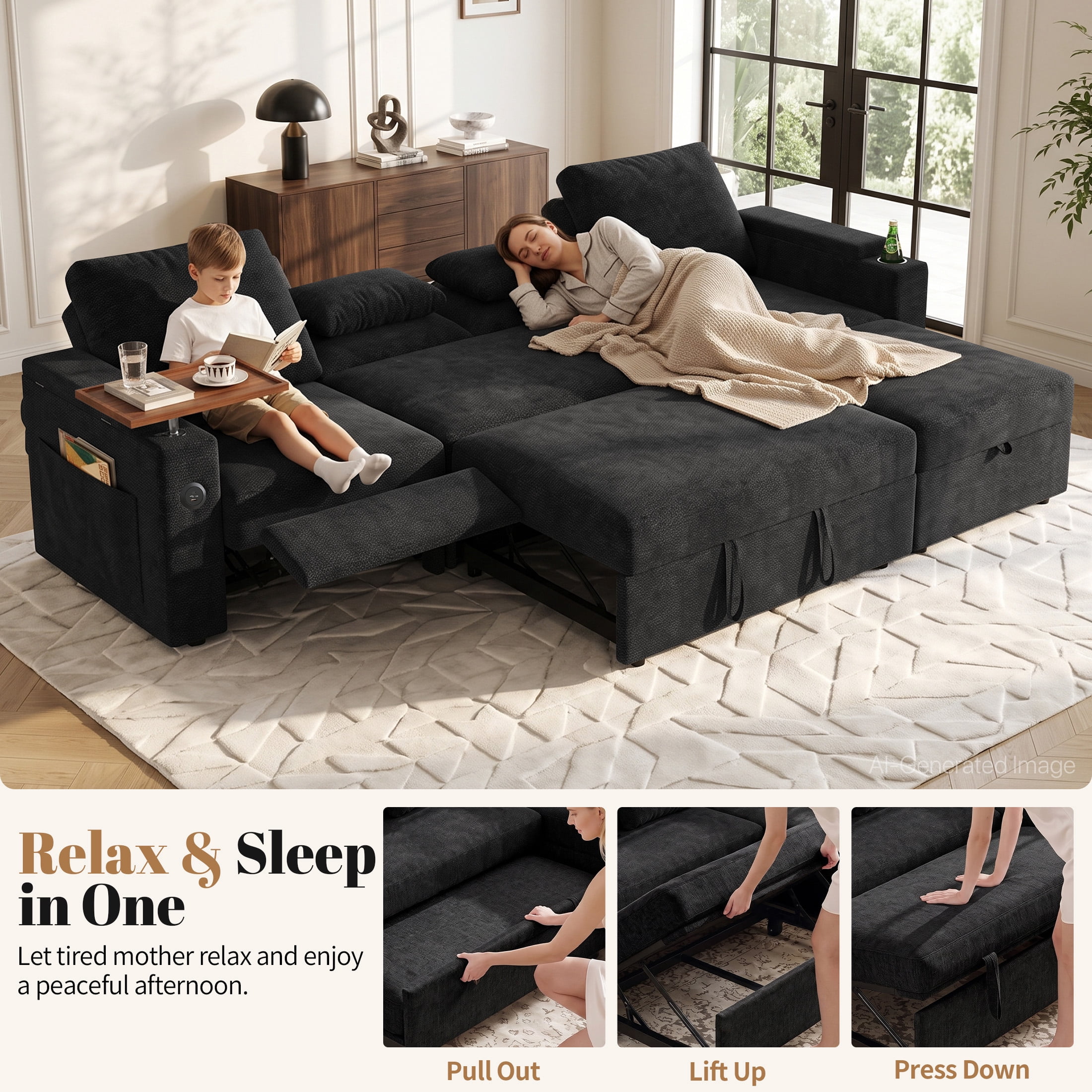 Aenkyo 108" L-Shaped Sectional Sleeper Sofa with Pull Out Bed, Recliner and Storage Chaise, Black