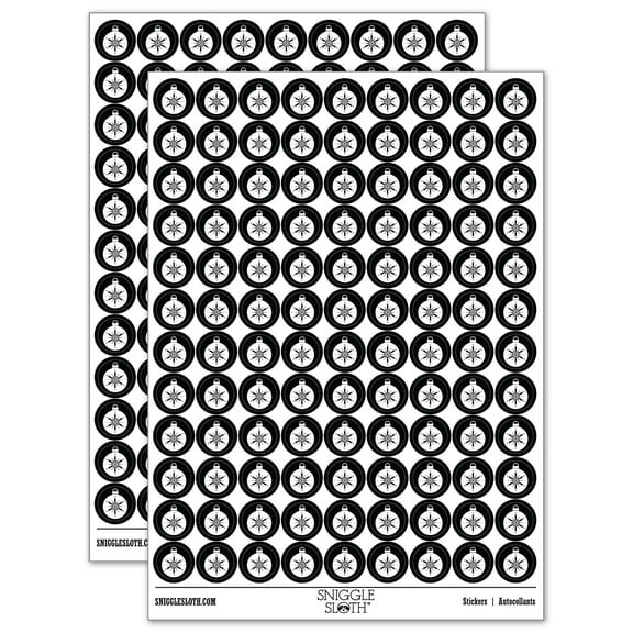 Holiday Ornament Snowflake 200 Round Stickers - Black - Gloss Finish - 0.50" Size
