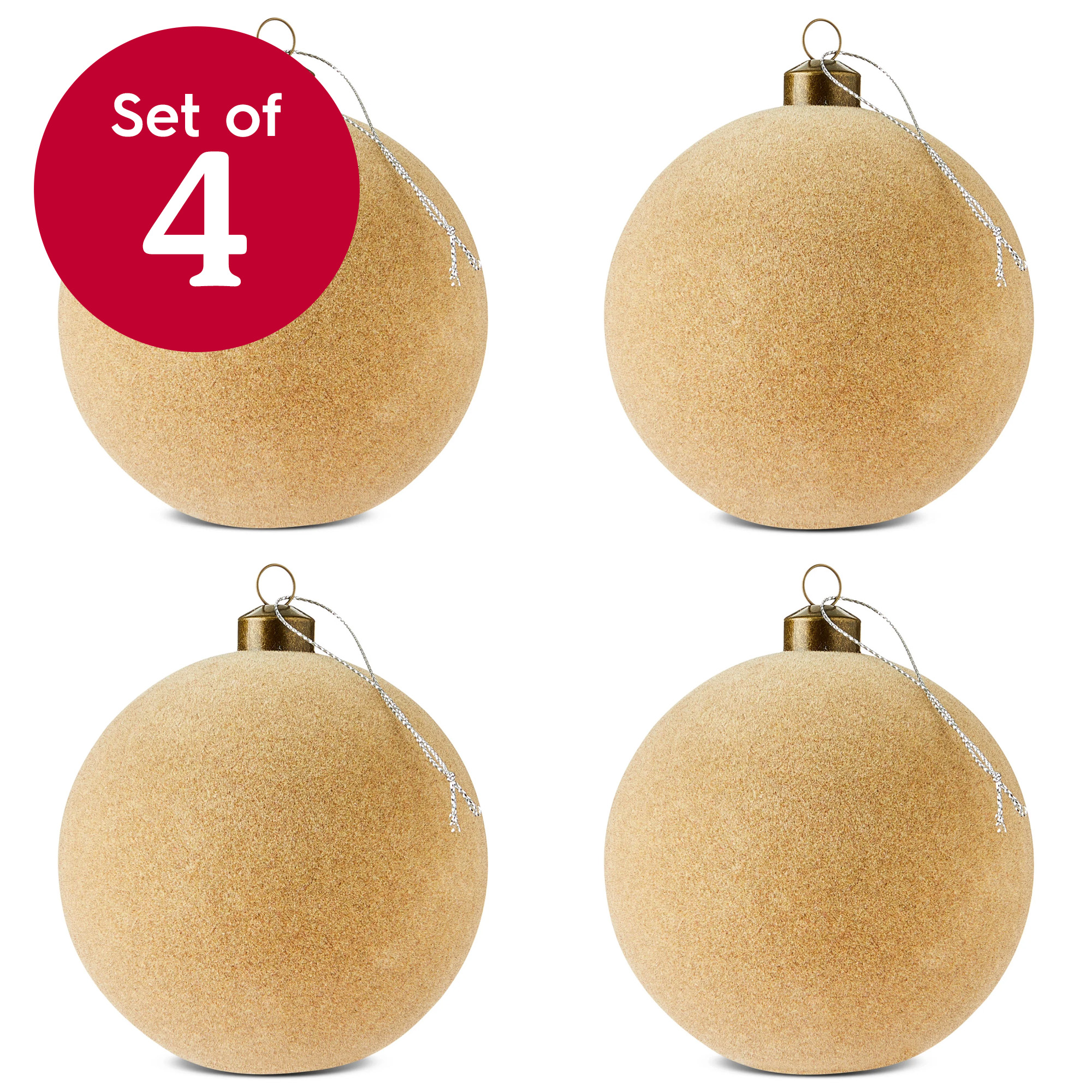 4 Count Beige Velvet-Feel Ball Christmas Ornaments, 4.5", by Holiday Time