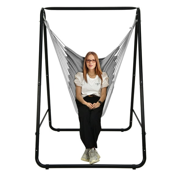 Gymax Hammock Chair Stand Hanging Padded Swing Heavy Duty Steel Outdoor Grey