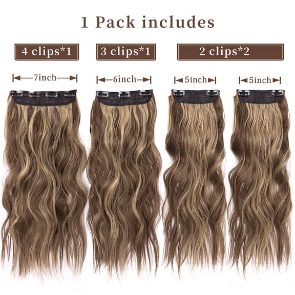 WEIF-4PCS Clip in Hair Extensions Honey Blonde Mixed Light Brown 20 Inch Long Wavy Synthetic Hair Extensions (4pcs, 20Inch, 22H10#)