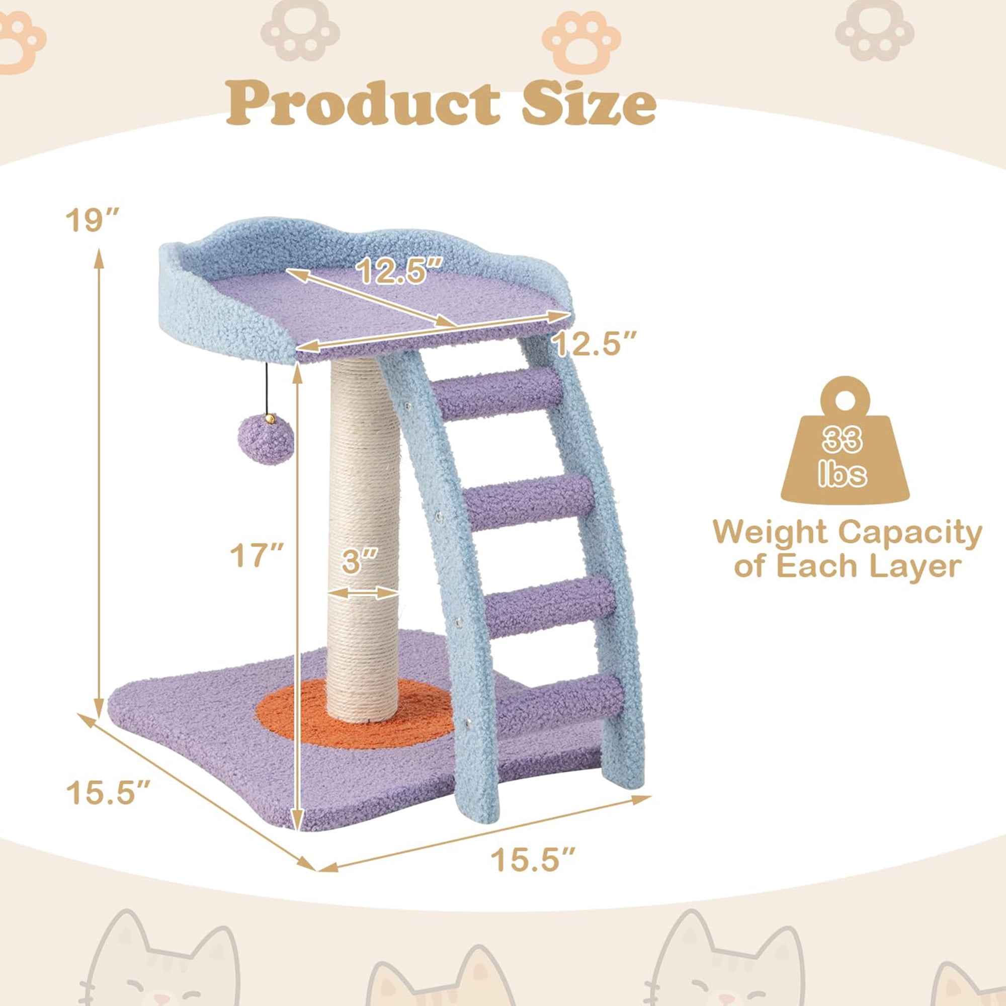 resenkos 19" Cat Scratching Post with Sisal Covered and Ladder, Cat Scratcher Post for Indoor Cats, Cozy Cat Scratch Tree Tower Cat Houses, Purple
