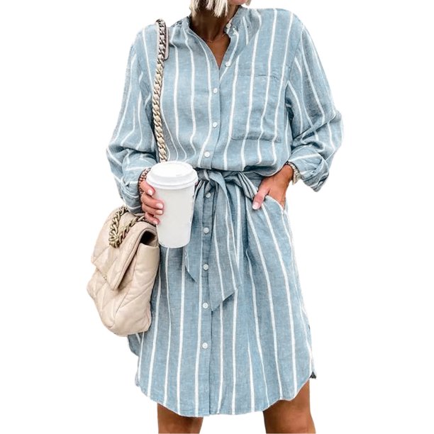 Dokotoo Women's Striped Shirt Midi Dress Button Down Long Sleeve Curve