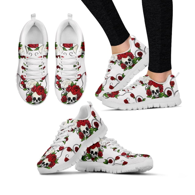 Zapatillas casuales con calavera rosa en 3D para mujer, zapatos para caminar con calavera de girasol y estampado de flores, zapatos de tenis transpirables
